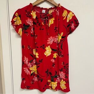 Old Navy Red Floral Tie-Front Short Sleeve Blouse